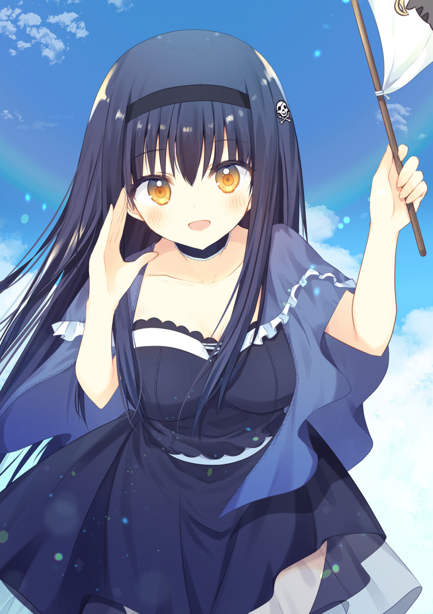 1girl, :d, absurdres, aiyan, black_choker, black_hairband, blue_capelet, blue_dress