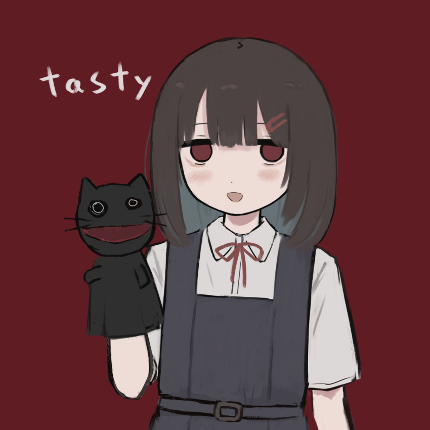 1girl, animal_puppet, arm_at_side, belt, black_belt, black_dress, blush, bob_cut