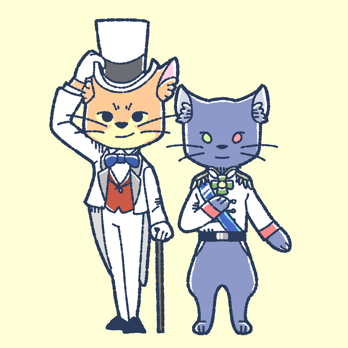 2018, 2boys, black_fur, bow, bowtie, cane, chibi, colored_sclera, commentary_request, formal, furry, furry_male, green_sclera, hand_on_headwear, hat, heterochromia, highres, karasusho, looking_at_viewer, male_focus, military_uniform, multiple_boys, neko_no_ongaeshi, orange_fur, pixiv_id, prince_lune, red_sclera, simple_background, standing, suit, the_baron, top_hat, uniform, white_suit