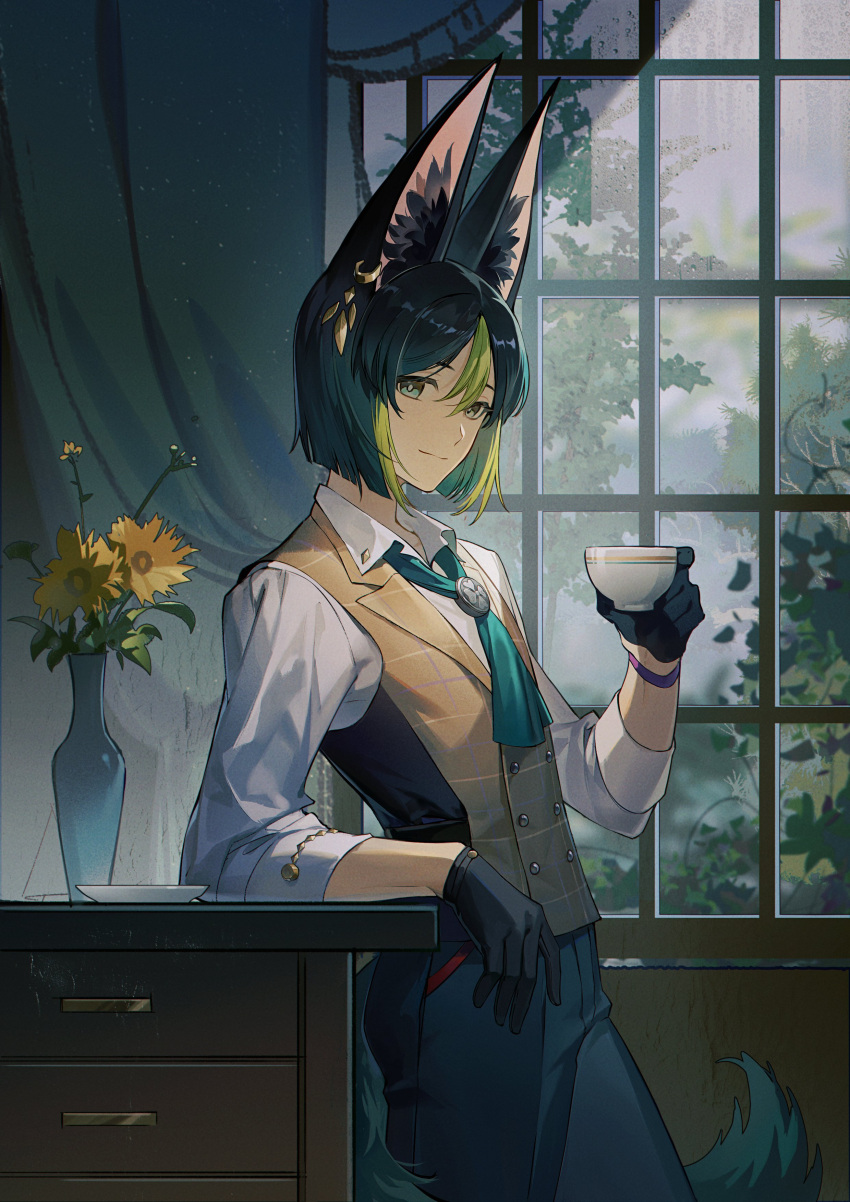 1boy, absurdres, animal_ears, black_gloves, black_hair, black_pants, brown_vest, collared_shirt