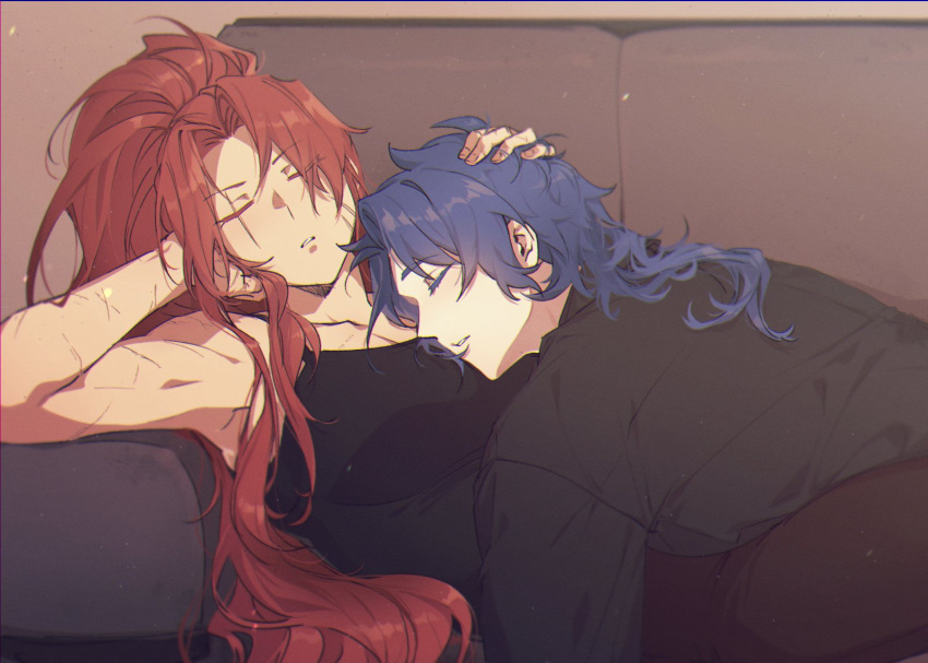 1boy, 1girl, arm_behind_head, black_shirt, black_tank_top, blue_hair, chesed_(project_moon), closed_eyes
