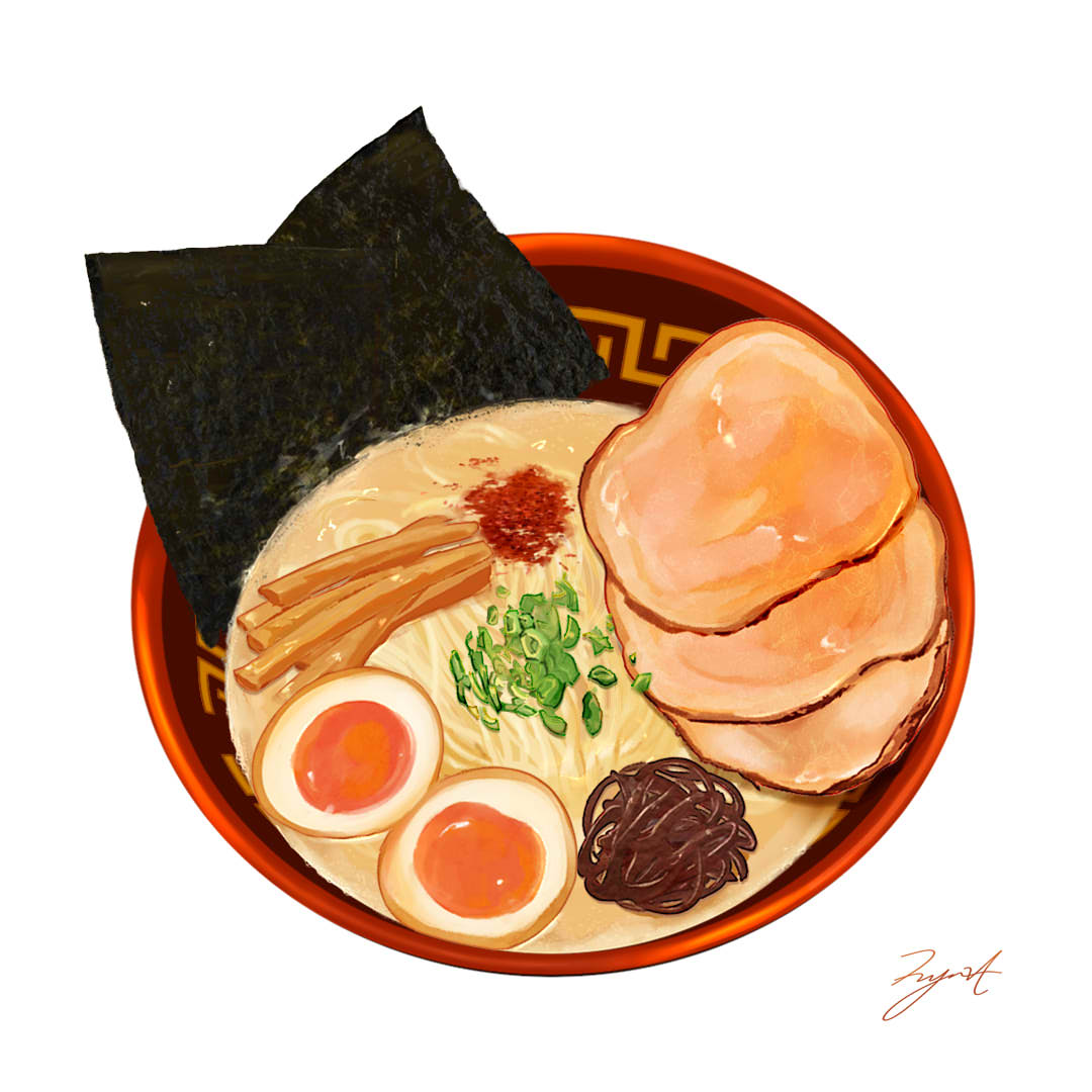bowl, food, food_focus, hardboiled_egg, meat, no_humans, noodles, nori_(seaweed), original, pork, ramen, signature, simple_background, still_life, user_wkax8822, white_background