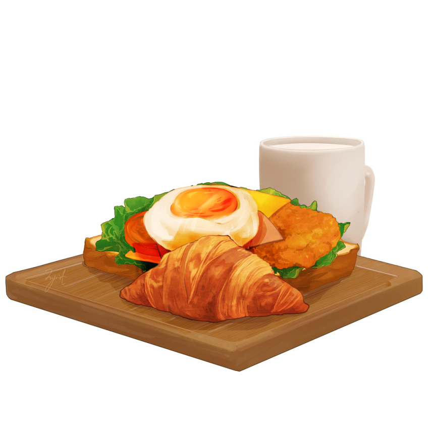 bread, cheese, croissant, cup, food, food_focus, fried_egg, lettuce, meat, no_humans, original, shadow, simple_background, still_life, tomato, tomato_slice, user_wkax8822, white_background