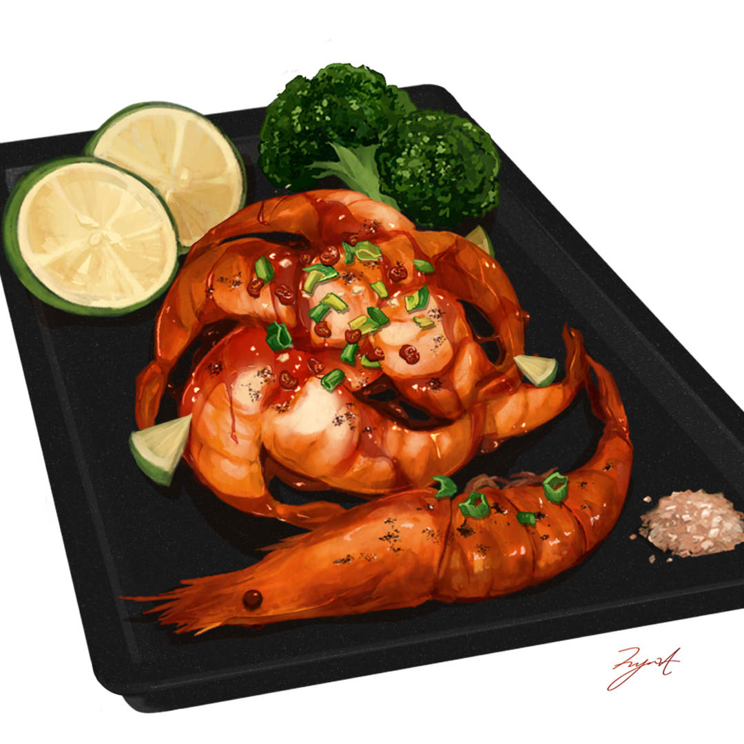 broccoli, food, food_focus, garnish, no_humans, original, shrimp, signature
