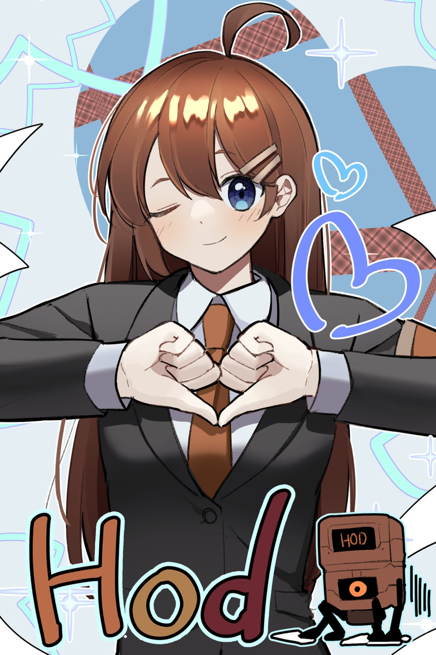 1girl, ahoge, black_jacket, blue_eyes, blush, brown_hair, brown_necktie, character_name