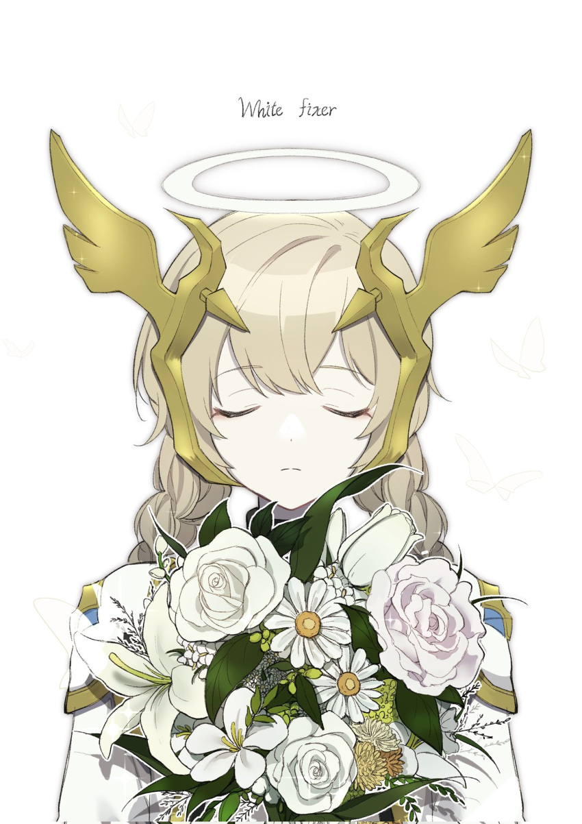 1girl, bouquet, braid, brown_hair, closed_eyes, closed_mouth, halo, head_wings, highres, holding, holding_bouquet, lobotomy_corporation, long_hair, long_sleeves, ppanglatte, project_moon, sidelocks, simple_background, solo, twin_braids, upper_body, white_armor, white_background, white_fixer_(lobotomy_corporation), wings