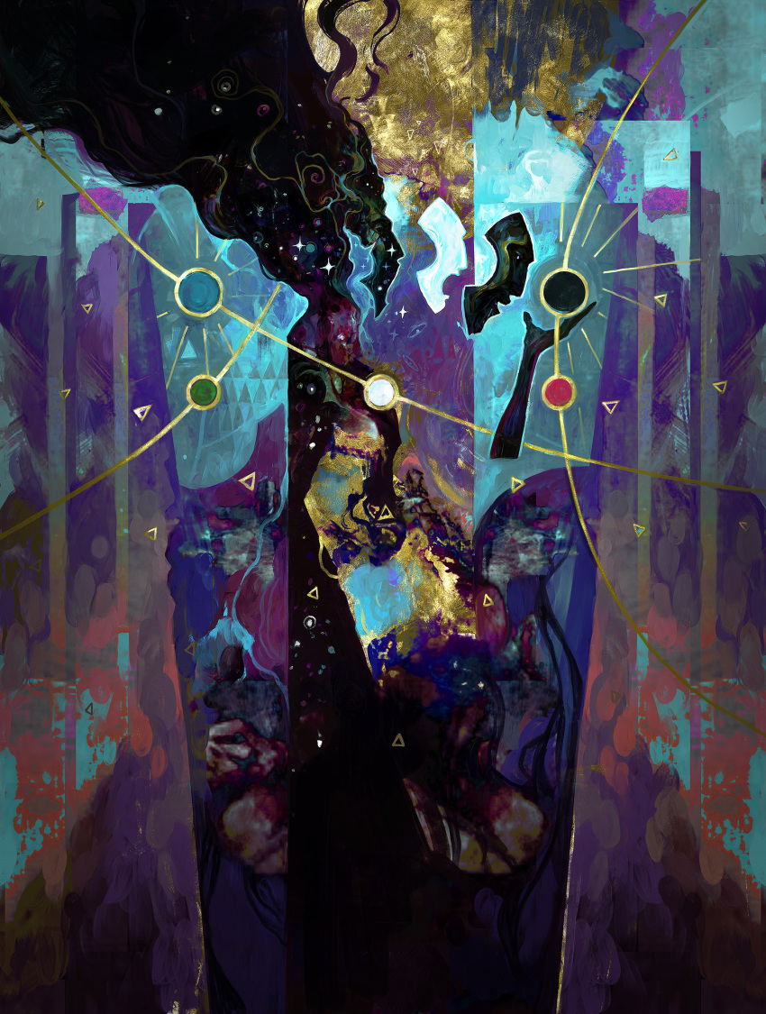 1other, abstract, abstract_background, absurdres, androgynous, black_eyes, black_hair, byode_inverse_sun, circle, colorful, dominik_mayer, fantasy, from_side, high_contrast, highres, long_hair, magic:_the_gathering, multicolored_background, open_mouth, solo, surreal, triangle, very_long_hair