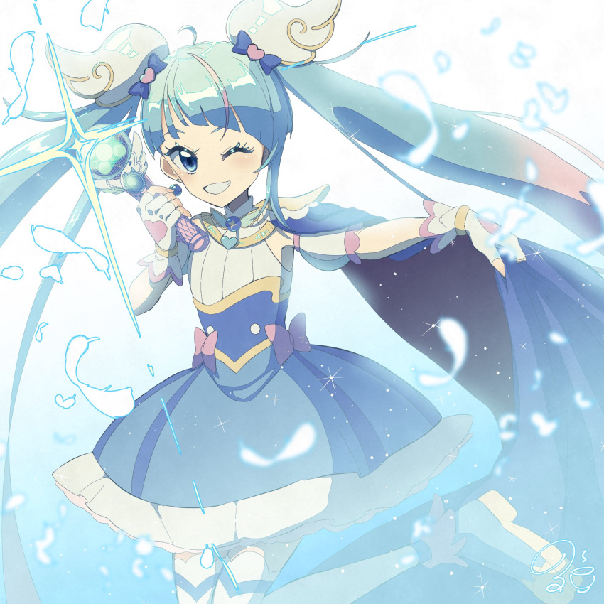 1girl, blue_cape, blue_dress, blue_eyes, blue_hair, boots, cape, cure_sky, dress, fingerless_gloves, gloves, hair_ornament, highres, hirogaru_sky!_precure, holding, holding_wand, long_hair, looking_at_viewer, magical_girl, medium_dress, multicolored_hair, norwo724, one_eye_closed, pink_hair, precure, sleeveless, sleeveless_dress, smile, solo, sora_harewataru, streaked_hair, thigh_boots, twintails, wand, white_background, white_footwear, white_gloves, wing_hair_ornament