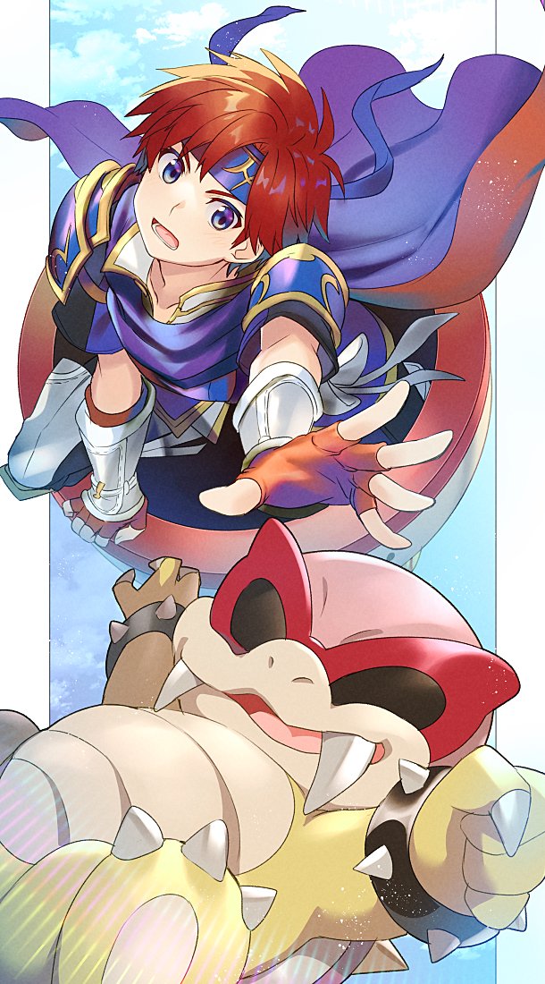 2boys, blue_cape, blue_eyes, bracelet, brown_hair, cape, character_request, fangs