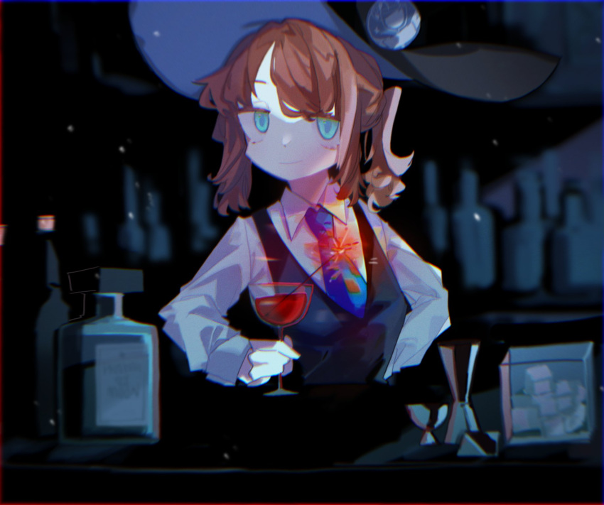 1girl, a_hat_in_time, alcohol, black_headwear, blue_eyes, blue_necktie, brown_hair, hat_kid, highres, ice, ice_cube, nasubeen, necktie, night, waitress, wine