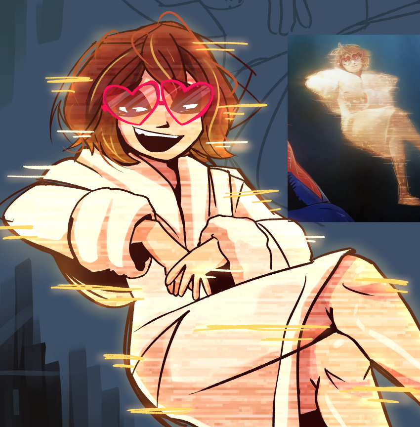 1girl, absurdres, blue_background, brown_hair, coat, crossed_legs, english_commentary, eyes_visible_through_hair, glitch, half-closed_eyes, heart, heart-shaped_eyewear, highres, invisible_chair, looking_at_viewer, lyla_(marvel), marvel, messy_hair, open_mouth, peargor, pink-framed_eyewear, reference_inset, short_hair, simple_background, sitting, smile, solo, spider-man:_across_the_spider-verse, spider-man_(series), sunglasses, white_coat