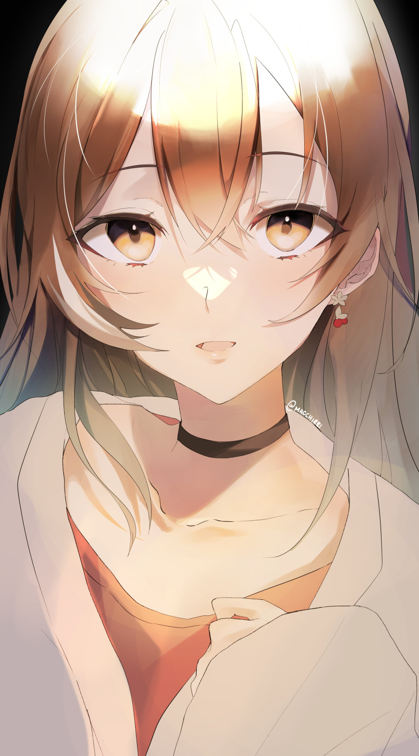 1girl, absurdres, ahoge, berry, black_background, brown_eyes, brown_hair, brown_hoodie, crossed_bangs, earrings, food-themed_earrings, highres, hololive, hololive_english, hood, hoodie, jewelry, long_hair, looking_at_viewer, macchirei, multicolored_hair, nanashi_mumei, nanashi_mumei_(3rd_costume), official_alternate_costume, oversized_clothes, red_shirt, shirt, sleeves_past_wrists, smile, streaked_hair, very_long_hair, virtual_youtuber, wide_sleeves
