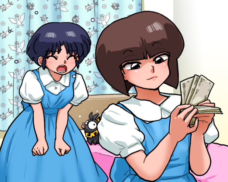 2girls, :o, angry, bandana, banknote, bed, bedroom, blouse