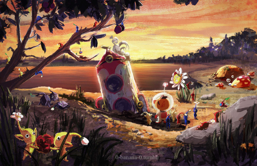 0-banana-0, 1boy, alien, anime_expo, backpack, bag, big_nose, blue_eyes, blue_pikmin, brown_hair, bud, bulborb, closed_eyes, dwarf_bulborb, flower, flying, food, from_behind, fruit, gloves, grass, holding, holding_food, holding_fruit, insect_wings, leaf, looking_at_object, looking_to_the_side, lounging, lying, olimar, on_stomach, pikmin_(creature), pikmin_(series), pointy_ears, polka_dot, radio_antenna, raspberry, red_bag, red_gloves, red_light, red_pikmin, rock, rock_pikmin, short_hair, sitting, sleep_bubble, sleeping, smoke, space_helmet, spacecraft, spacesuit, sunset, tiny, tree, tumblr_username, very_short_hair, white_flower, winged_pikmin, wings, yellow_pikmin