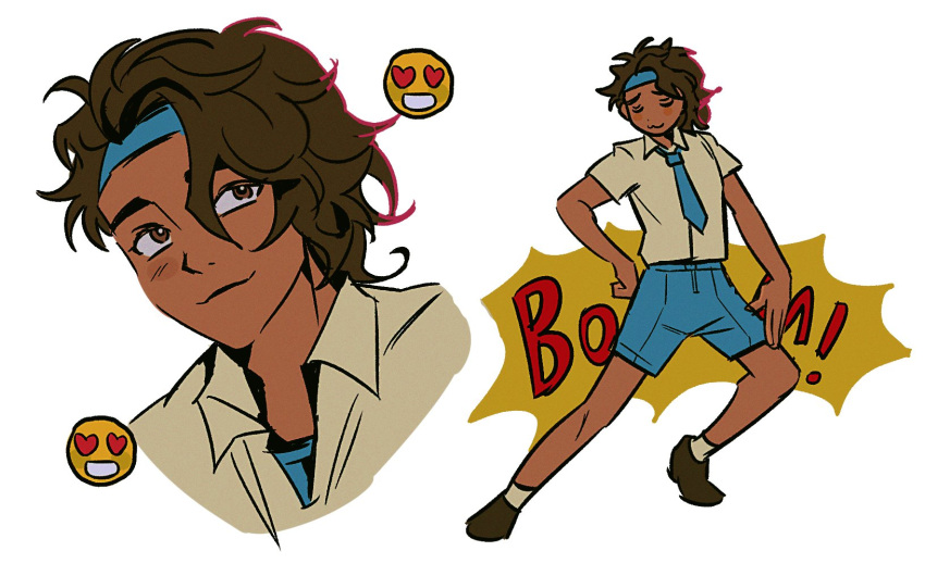!, 1boy, 2023, :3, bepp_11, brown_eyes, brown_hair, closed_eyes, closed_mouth, dark-skinned_male, dark_skin, emoji, headband, heart, heart-shaped_eyes, highres, indian, korean_commentary, male_focus, marvel, necktie, pavitr_prabhakar, school_uniform, shoes, shorts, simple_background, spider-man:_across_the_spider-verse, spider-man_(series), translation_request, white_background