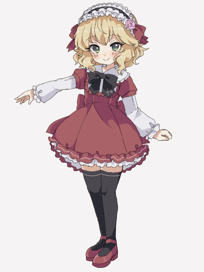 1girl, :>, back_bow, black_bow, black_bowtie, black_thighhighs, blonde_hair, blush