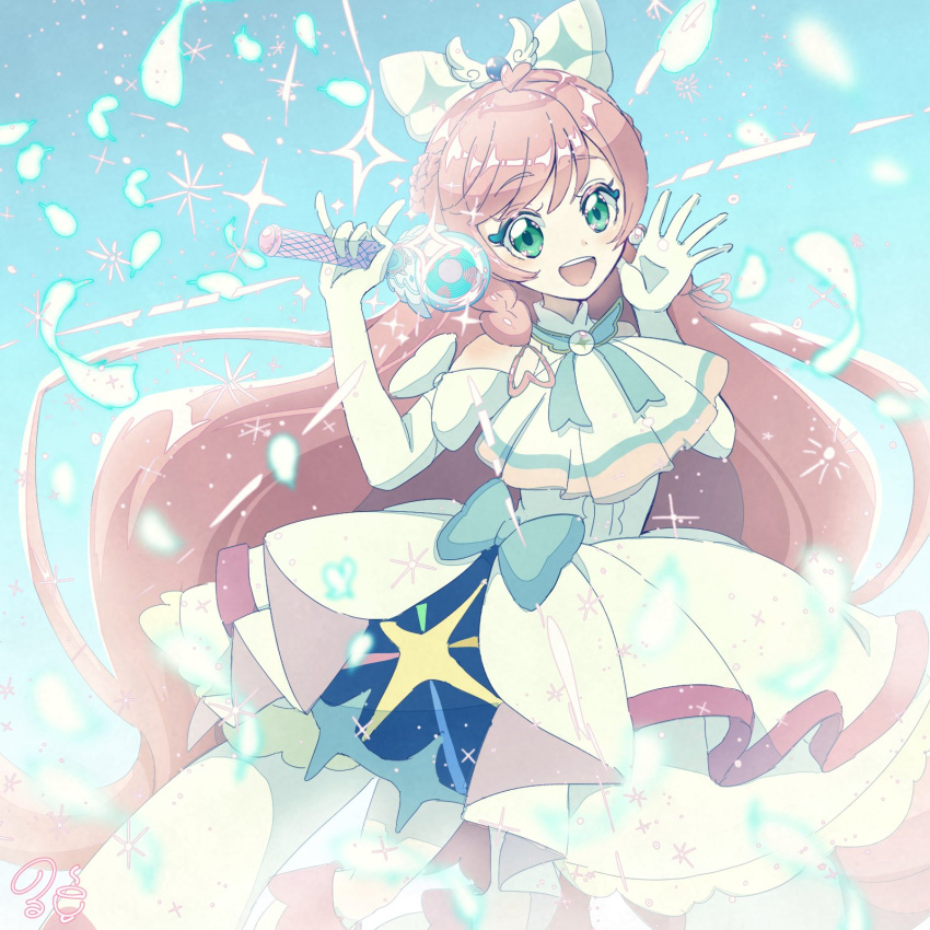 1girl, blue_bow, bow, cure_prism, dress, elbow_gloves, gloves, green_eyes, hair_ornament, heart, heart_hair_ornament, highres, hirogaru_sky!_precure, holding, holding_wand, long_hair, looking_at_viewer, magical_girl, nijigaoka_mashiro, norwo724, pink_hair, precure, smile, solo, teeth, upper_teeth_only, wand, waving, white_dress, white_gloves