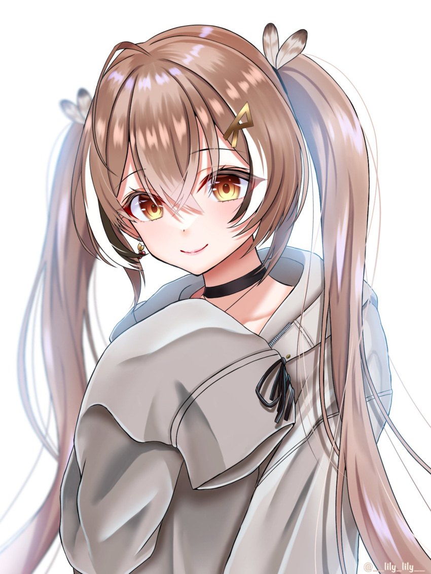1girl, ahoge, backlighting, berry, black_choker, brown_eyes, brown_hair, brown_hoodie