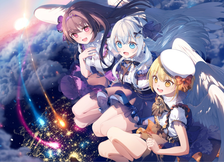 3girls, :d, a20_(atsumaru), aitsuki_nakuru, beret, black_bow, black_bowtie, black_skirt
