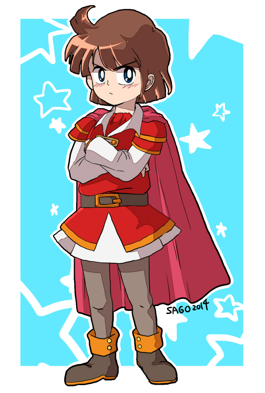 1boy, 2014, belt, blue_background, blue_eyes, blush, brown_hair, cape