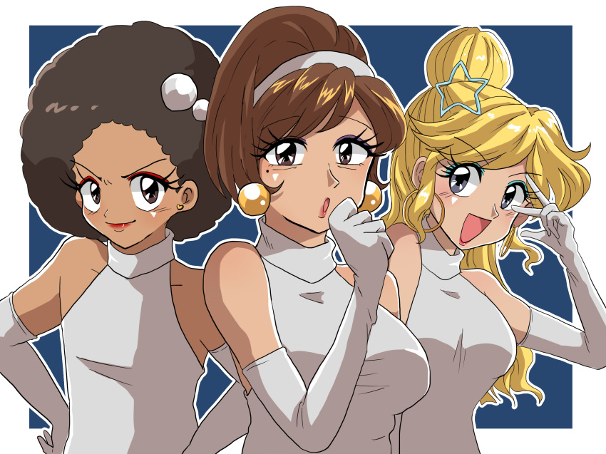 2018, 3girls, afro, blonde_hair, blue_background, blue_eyeliner, blue_eyes, breasts