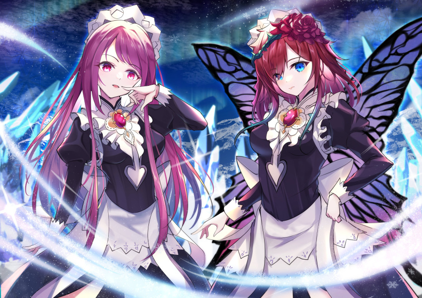 2girls, absurdres, alternate_costume, blue_eyes, brooch, butterfly_wings, commission, cosplay