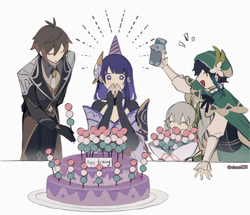 2boys, 2girls, antenna_hair, arm_behind_back, arm_up, armor, beret, birthday_cake