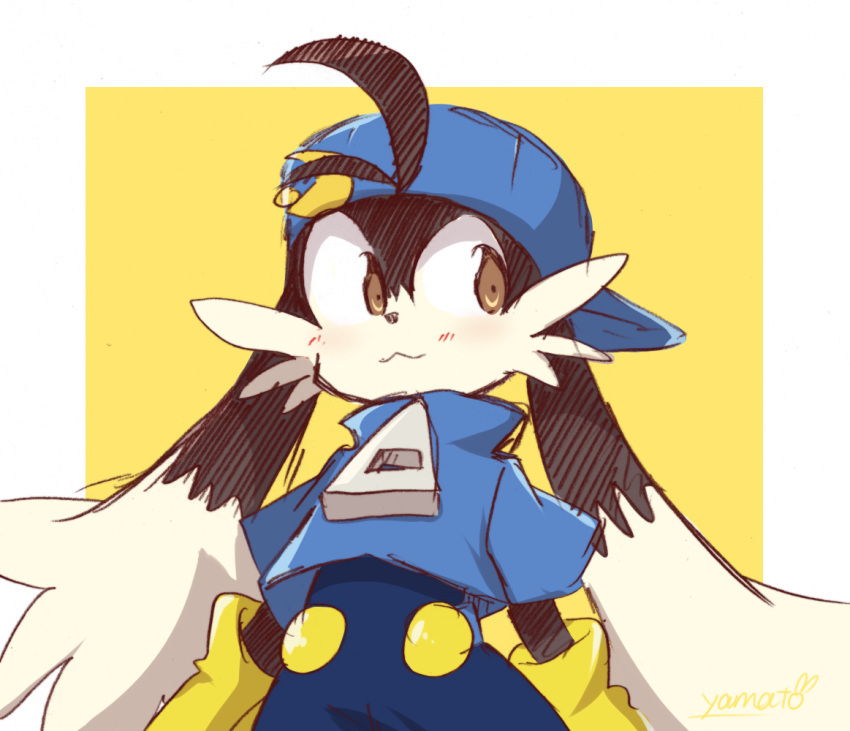 :3, aka_muffler_yamato, animal_ears, black_fur, blue_headwear, blue_pants, blue_shirt, blush, furry, furry_male, gloves, kaze_no_klonoa, klonoa, pants, shirt, very_long_ears, yellow_gloves