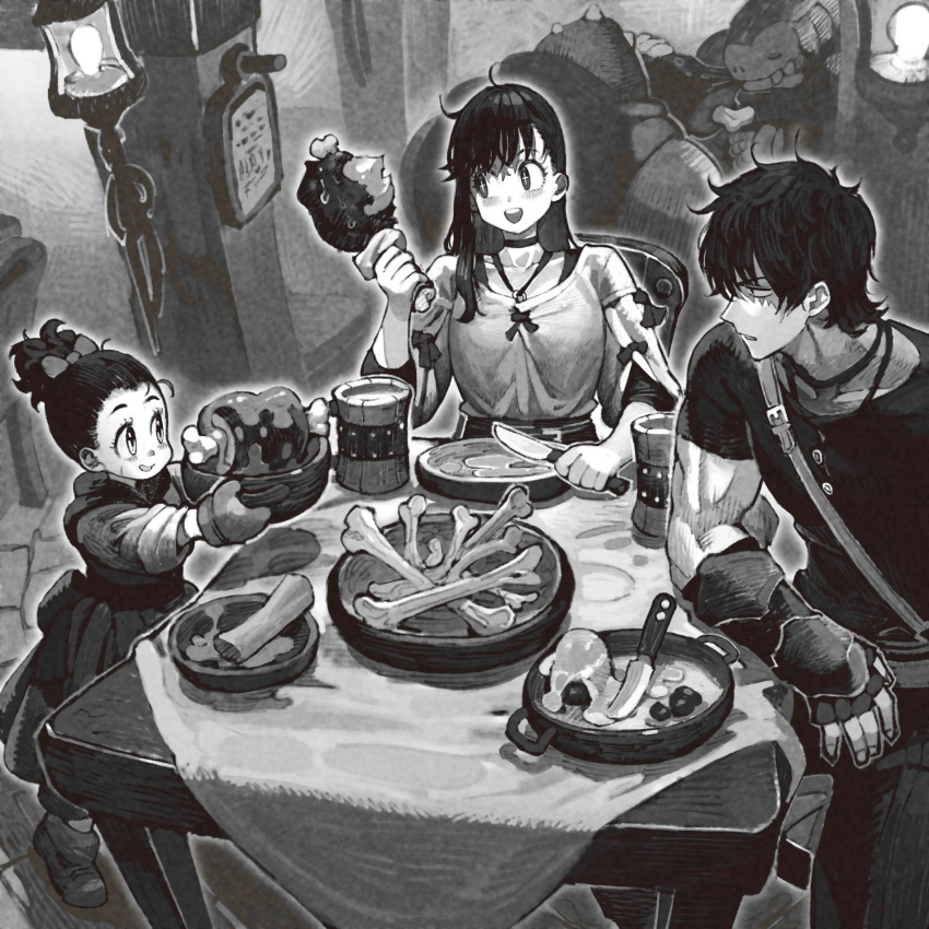 +_+, 1boy, 2girls, averting_eyes, bone, boned_meat, bow, chair