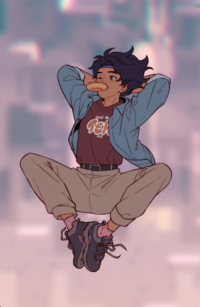 1boy, arms_behind_head, belt, black_belt, black_hair, blue_jacket, english_commentary, food_in_mouth