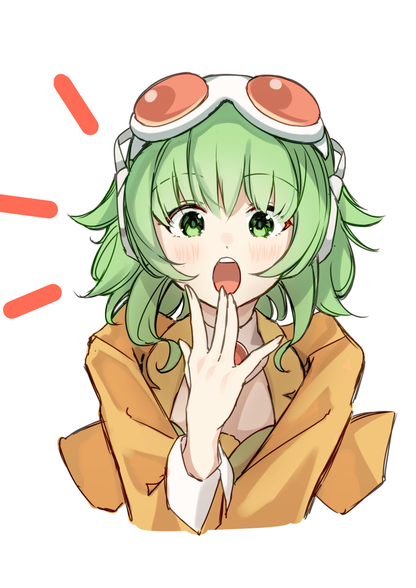 1girl, absurdres, commentary, goggles, goggles_on_head, green_eyes, green_hair, gumi