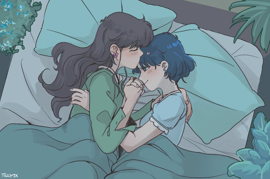 2girls, bed, bed_sheet, bishoujo_senshi_sailor_moon, blanket, blue_hair, brown_hair, earrings