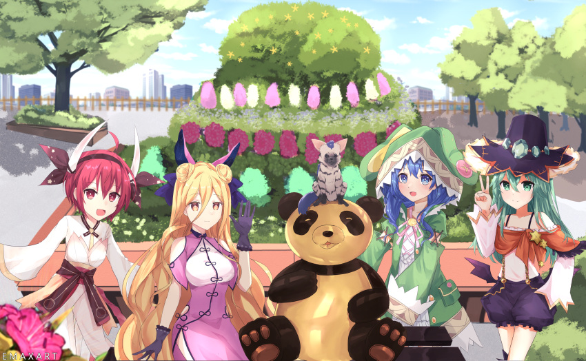 4girls, blonde_hair, blue_eyes, blue_hair, city, date_a_live, emaxart, green_eyes