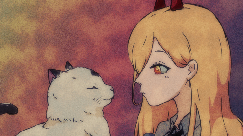 1girl, animal, blonde_hair, cat, chainsaw_man, clip_studio_paint_(medium), closed_mouth, collared_shirt, cross-shaped_pupils, demon_horns, highres, horns, light_blush, long_hair, looking_at_animal, meowy_(chainsaw_man), neko_(tenmiyakiyo), portrait, power_(chainsaw_man), profile, red_background, red_horns, sayoselene, shirt, solo, symbol-shaped_pupils, white_shirt, yellow_eyes