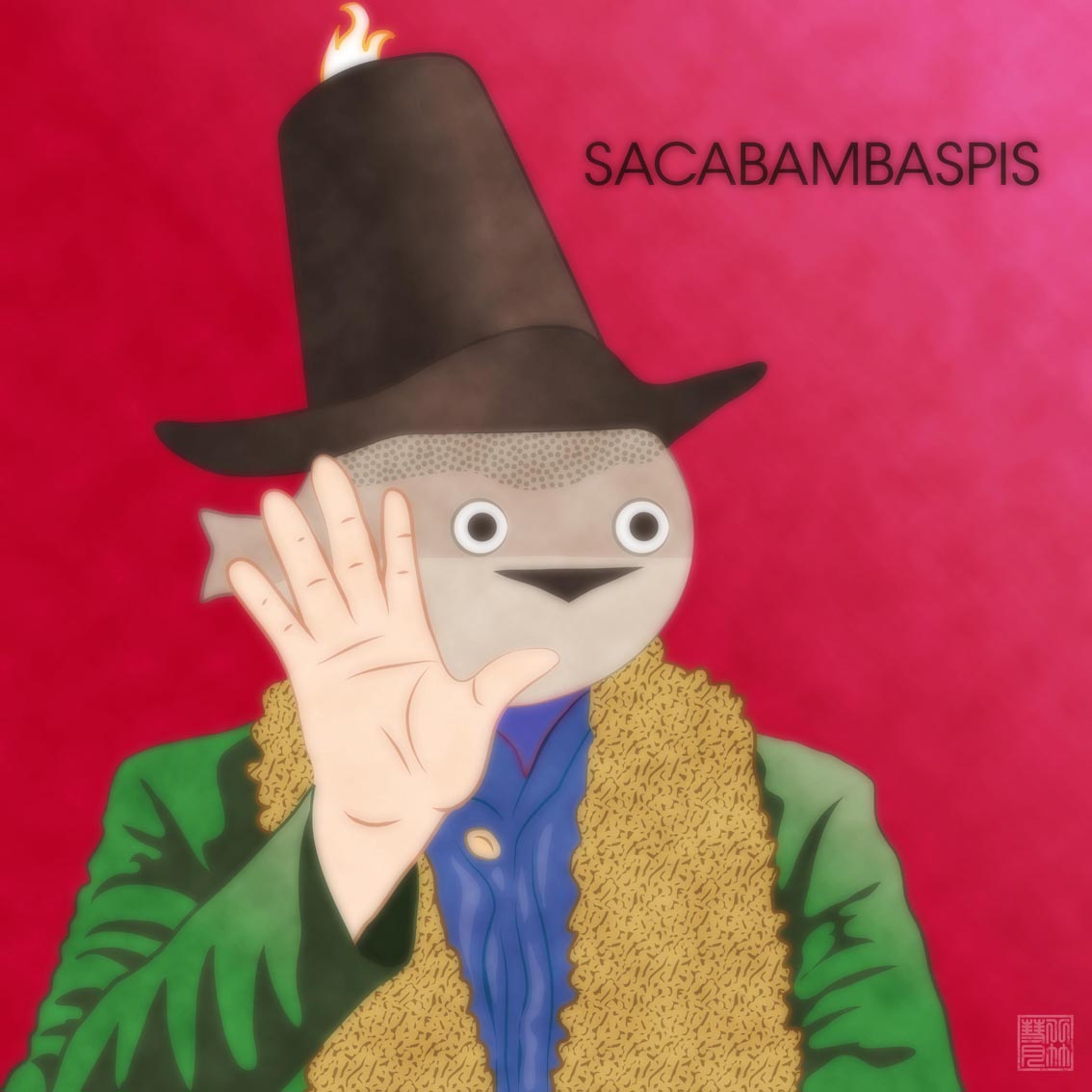 1other, album_cover, album_cover_redraw, animal_head, animal_name, artist_logo, black_headwear, black_mouth, captain_beefheart, commentary, cover, derivative_work, fish, fish_head, hand_up, hat, ihitarou, long_sleeves, looking_at_viewer, open_hand, open_mouth, parody, red_background, sacabambaspis, simple_background, top_hat, triangle_mouth, trout_mask_replica, upper_body