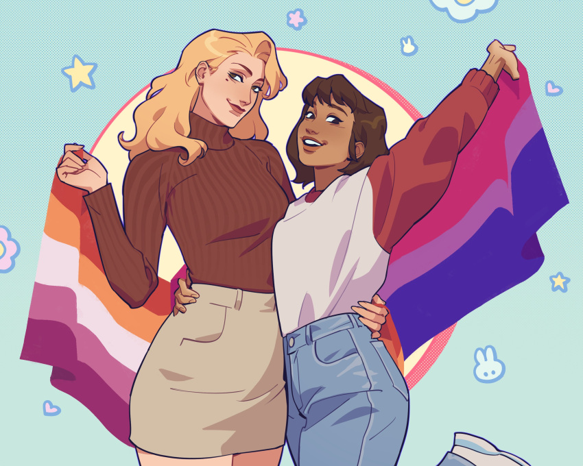 2girls, absurdres, bisexual_flag, blonde_hair, blue_background, brown_hair, brown_sweater, couple