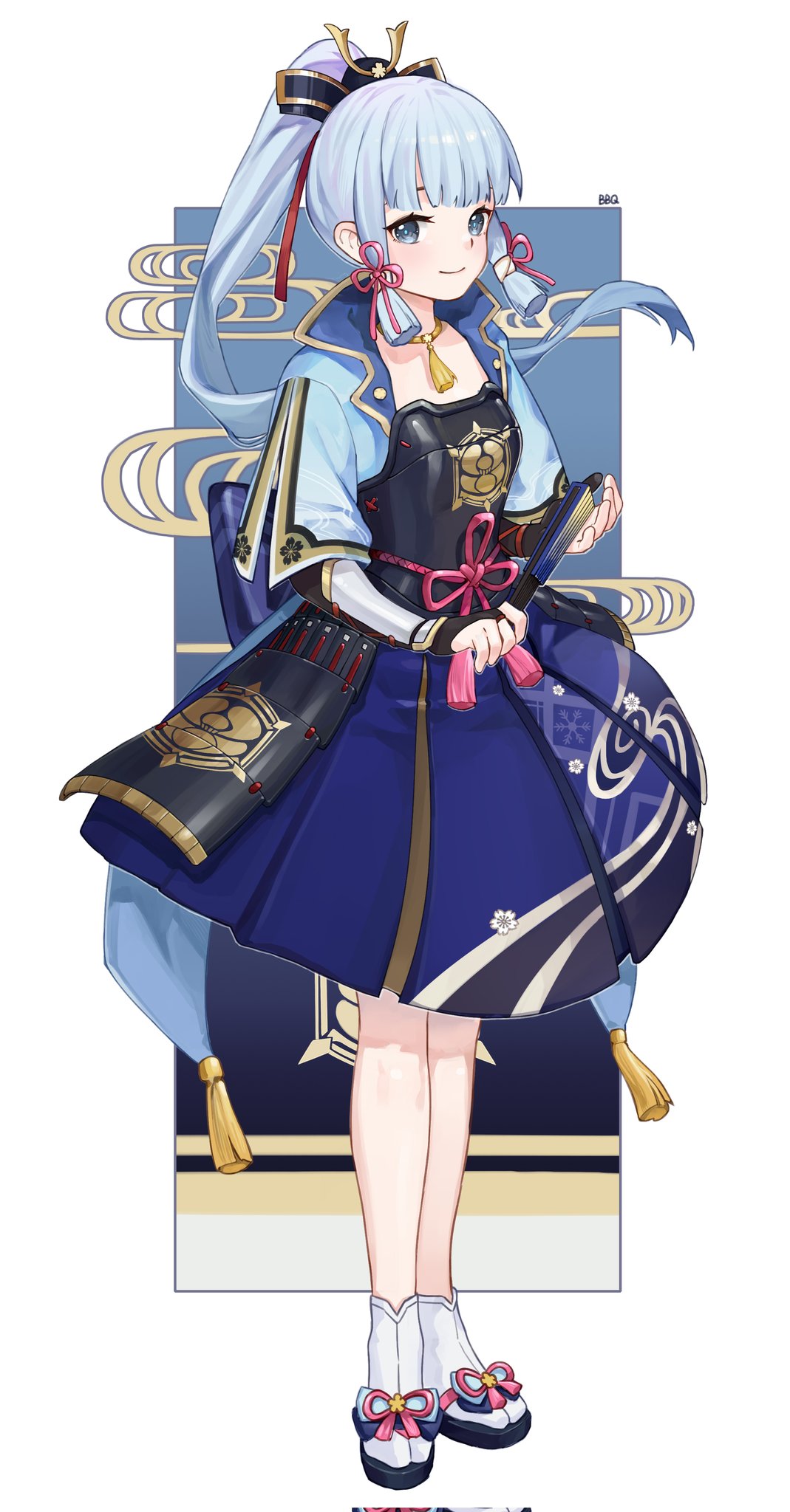 1girl, armor, bbq5880, blue_eyes, blue_hair, blunt_bangs, full_body, genshin_impact, hair_ribbon, hand_fan, highres, holding, holding_fan, japanese_armor, japanese_clothes, kamisato_ayaka, long_hair, long_sleeves, looking_at_viewer, pink_ribbon, ponytail, ribbon, sidelocks, simple_background, smile, solo, standing, tassel, tress_ribbon