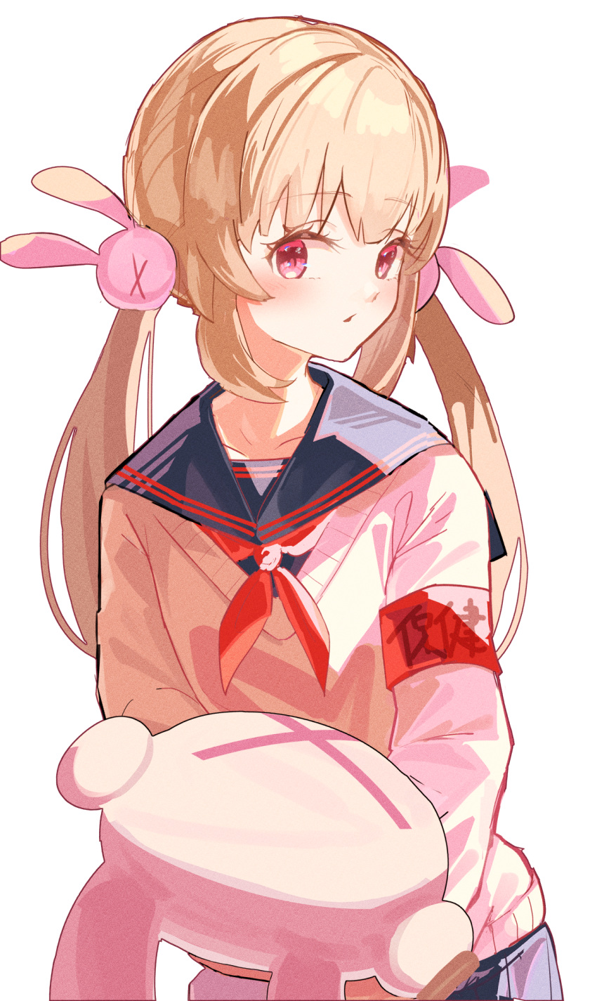 1girl, :3, blue_sailor_collar, blush_stickers, cropped_torso, fang, grey_background, hair_ornament