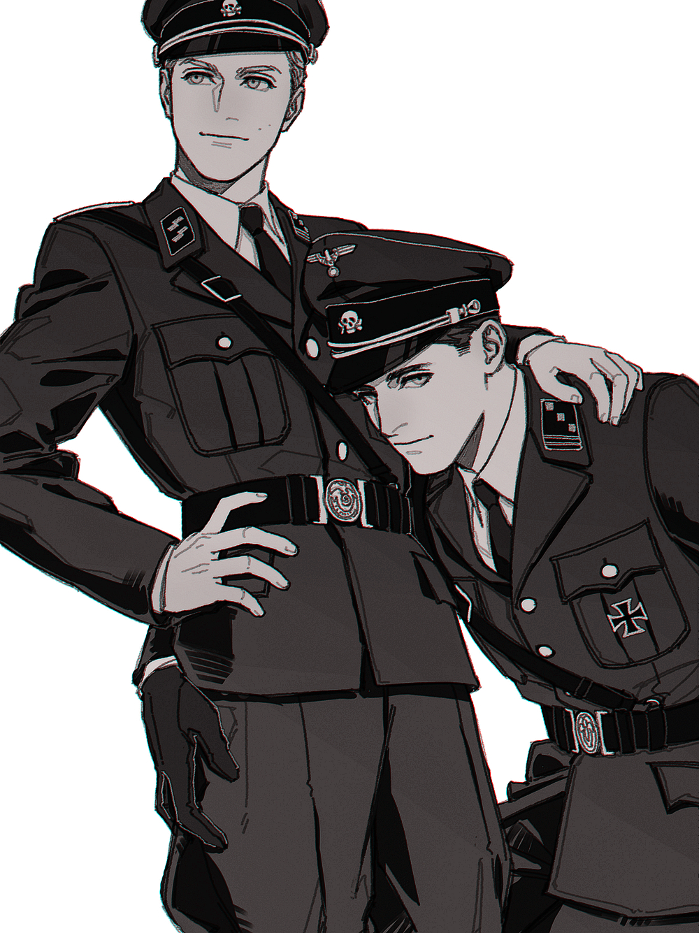 2boys, belt, belt_buckle, black_belt, black_gloves, black_hair, black_headwear, black_jacket