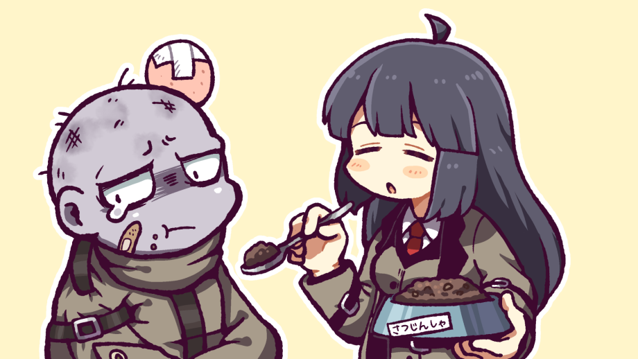 1boy, 1girl, :t, ahoge, bandaid, bandaid_on_face, black_hair, bowl