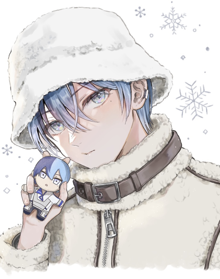 1boy, aoyagi_touya, belt, blue_eyes, blue_hair, brown_belt, character_doll, closed_mouth