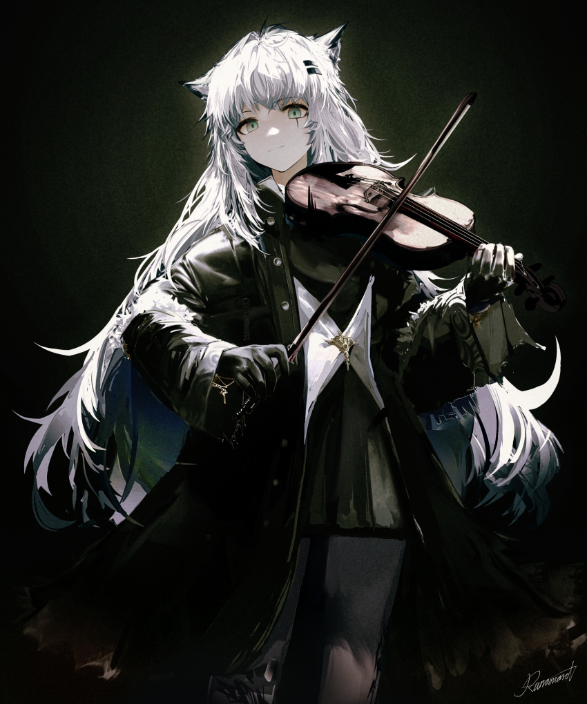 1girl, absurdres, animal_ears, arknights, artist_name, black_background, black_gloves, black_jacket