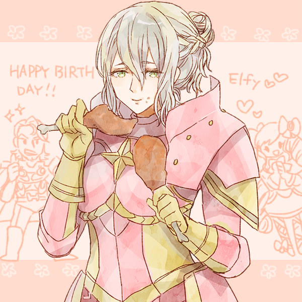 1boy, 2girls, armor, arthur_(fire_emblem), chicken_leg, crumbs, eating, effie_(fire_emblem)