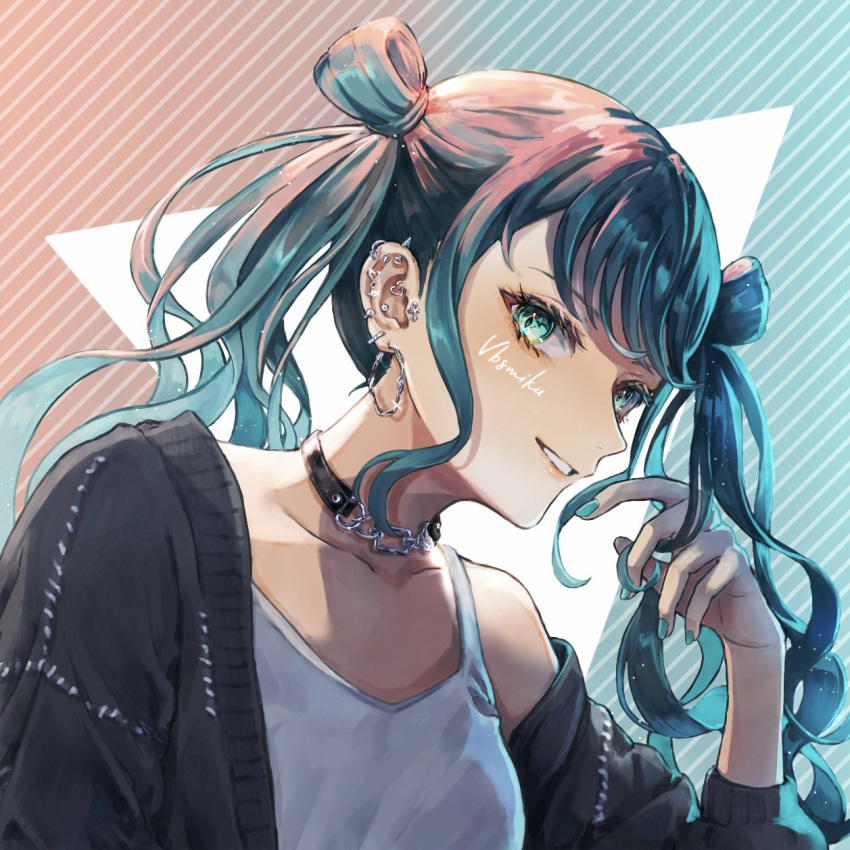 1girl, aqua_eyes, aqua_hair, aqua_nails, choker, commentary_request, diagonal_stripes, ear_piercing, earrings, grin, hatsune_miku, highres, jewelry, long_hair, long_sleeves, looking_at_viewer, mikeimikei, piercing, project_sekai, smile, solo, striped, stud_earrings, teeth, twintails, upper_body, vivid_bad_squad_(project_sekai), vivid_bad_squad_miku, vocaloid