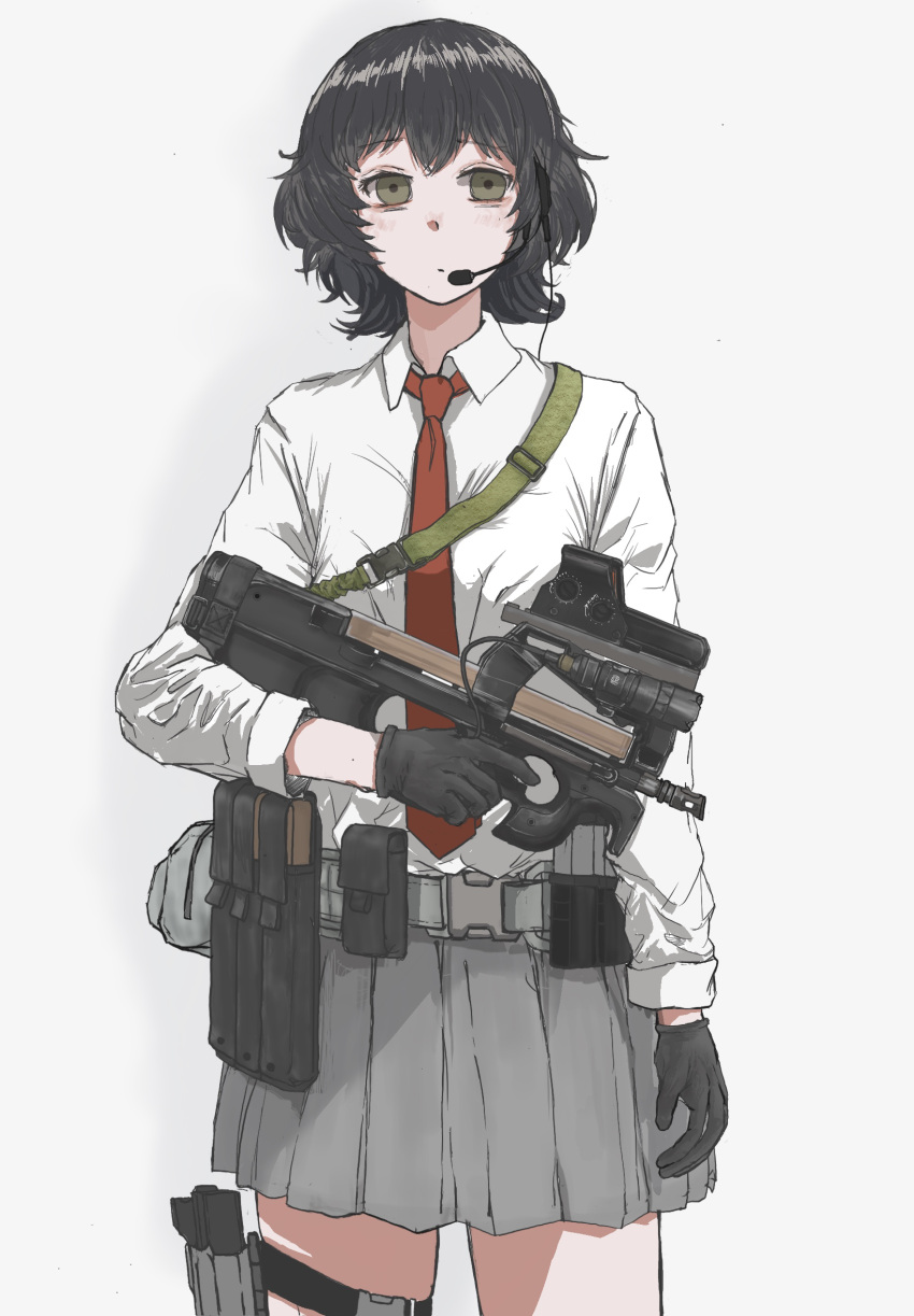 1girl, 787nanahachi, ammunition_pouch, arm_at_side, belt, belt_pouch, black_gloves, black_hair