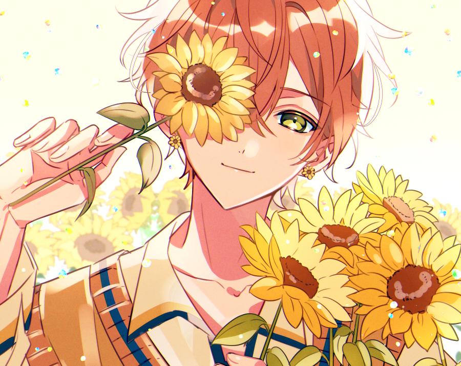 1boy, closed_mouth, commentary, earrings, fingernails, flower, gg_suyari, green_eyes, hair_between_eyes, holding, holding_flower, jewelry, leaf, long_sleeves, looking_at_viewer, male_focus, official_alternate_costume, one_eye_covered, orange_hair, project_sekai, sailor_collar, shinonome_akito, short_hair, solo, sunflower, sunflower_earring, symbol-only_commentary, the_vivid_old_tale_(project_sekai)