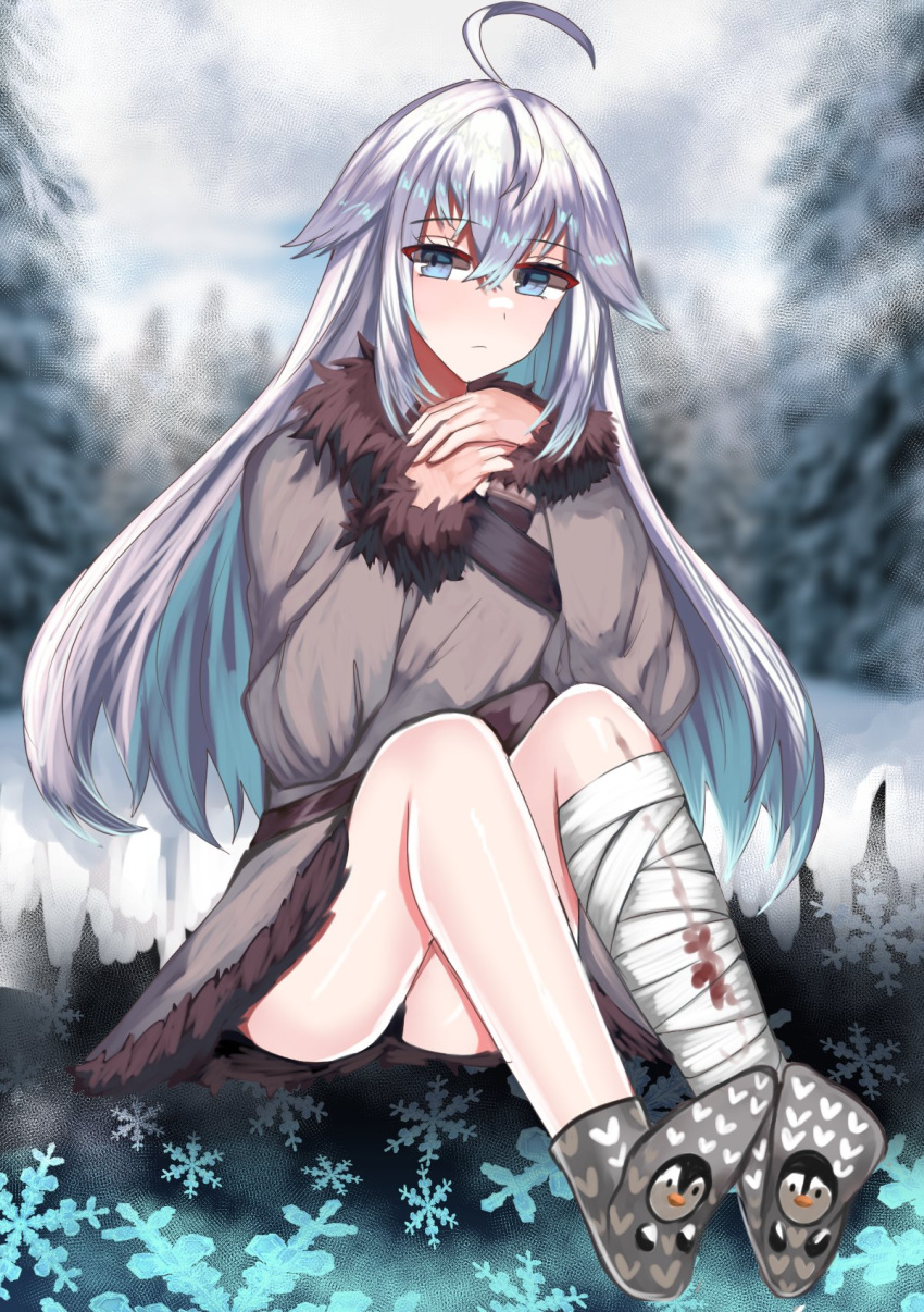 ahoge, bandaged_leg, bandages, blood, blood_on_bandages, blue_eyes, blue_sealad, blurry, blurry_background, coat, codename:_bakery_girl, fur-trimmed_coat, fur_trim, grey_socks, highres, jefuty_(bakery_girl), long_hair, own_hands_together, penguin_print, pine_tree, reverse_collapse_(series), snow, snow_on_tree, snowflakes, socks, tree, white_hair