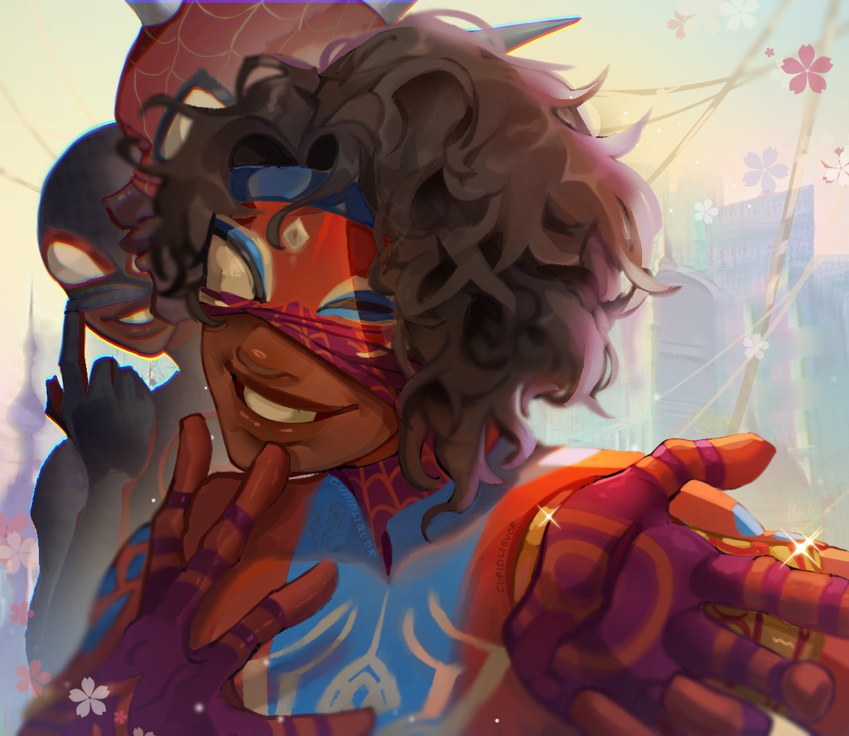 3boys, bodysuit, brown_hair, cupidliquor, curly_hair, dark-skinned_male, dark_skin, grin