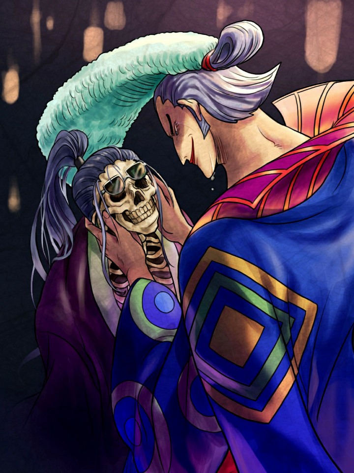 1boy, blue_hair, blue_kimono, closed_mouth, denjirou_(one_piece), hair_ornament, holding, holding_skull