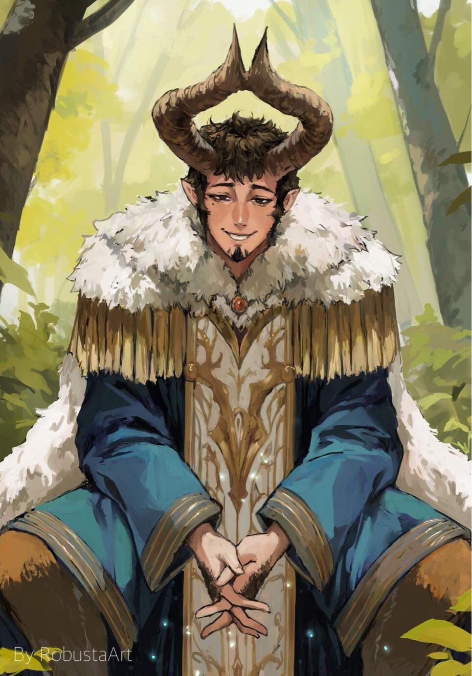 1boy, bare_tree, body_fur, brown_hair, bush, character_request, cleric, curled_horns